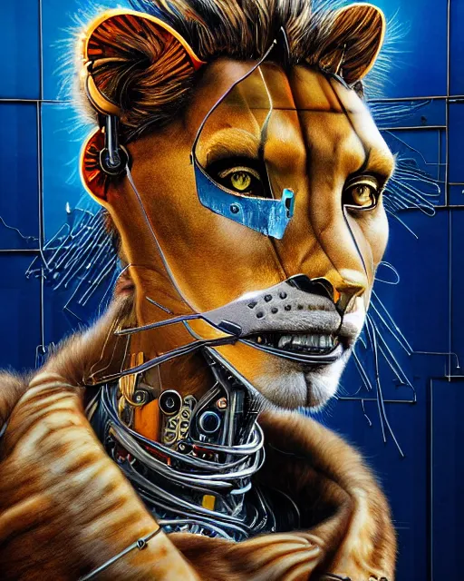 Image similar to a portrait of an anthropomorphic cyberpunk lioness by sandra chevrier, by jon foster, detailed render, tape deck, epic composition, cybernetics, 4 k realistic, cryengine, realistic shaded lighting, sharp focus, masterpiece, by enki bilal