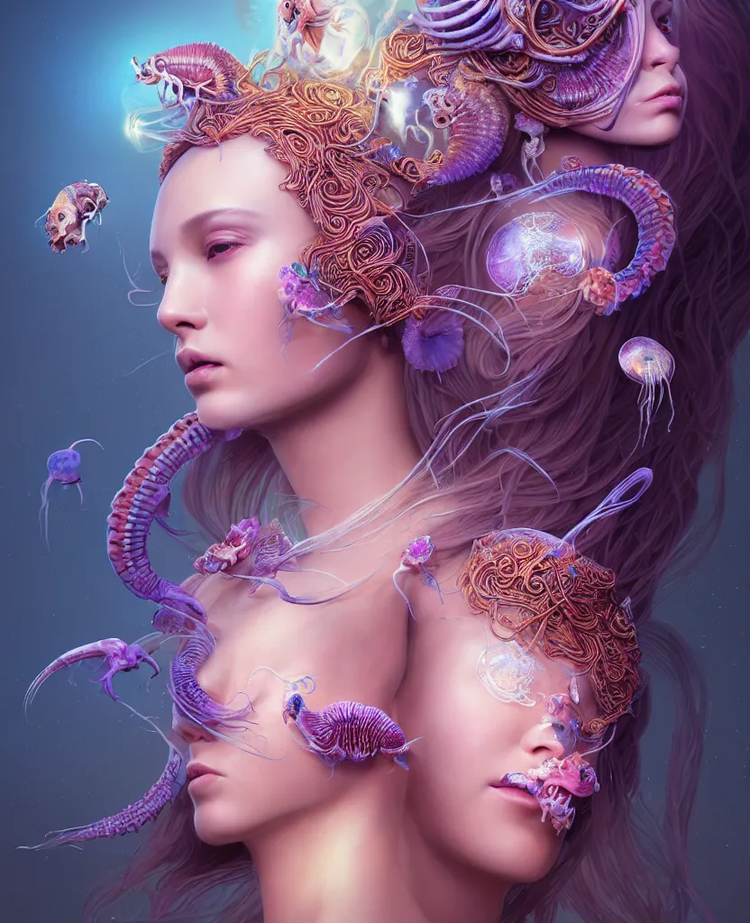 Image similar to goddess close-up portrait of princess face and ram skull. eyes. jellyfish phoenix head, nautilus, orchid, skull, betta fish, bioluminiscent creatures, intricate artwork by Tooth Wu and wlop and beeple. octane render, trending on artstation, greg rutkowski very coherent symmetrical artwork. cinematic, hyper realism, high detail, octane render, 8k