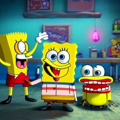 Image similar to hyperrealistic spongebob squarepants eating at the krusty krab, inspired by stephen hillenburg, perfect symmetry, dim volumetric cinematic lighting, 8 k octane comprehensive render, extremely hyper - detailed attributes & atmosphere, intricately proportional, masterpiece, artstation, stunning,