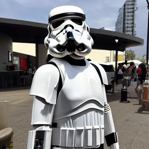 Prompt: stormtrooper drinking Starbucks