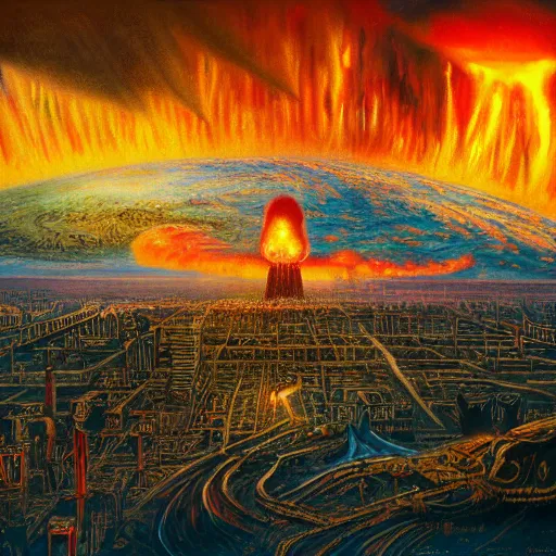 Prompt: nuclear explosion in the center of an alien city, extremely detailed oil painting, massive destruction, 1 9 2 0's colored pencil, highly detailed, highly accurate, deep aesthetic, 8 k, highly ornate intricate details, cinematic lighting, rich colors, beautiful scenic view, ray tracing, hyperrealistic, photorealistic, cinematic landscape, trending on artstation, concept art,