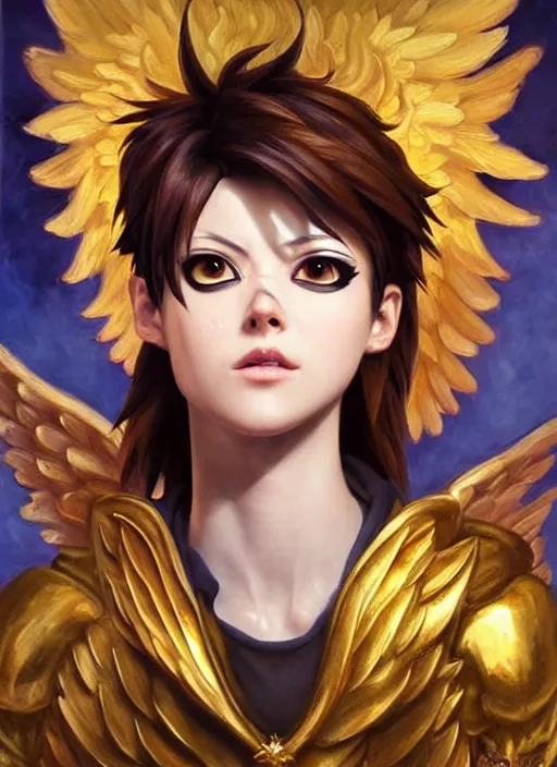 Image similar to full body oil painting of tracer overwatch in the style of sophie anderson, angel wings, angelic golden armor, dramatic painting, symmetrical composition, ornate, golden chains, high detail, gold detailed collar!!!!!, blooming, angelic, lights, flowers, heavenly, bright, detailed face,