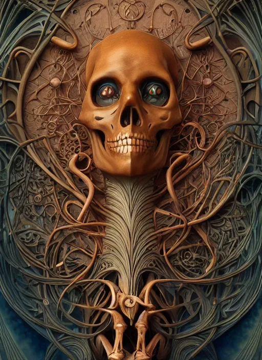 Image similar to wax skeleton, wooden art nouveau swirls, subsurface scattering, in the style of james jean and tomasz alen kopera, mystical colors, rim light, beautiful lighting, 8 k, stunning scene, raytracing, octane render, trending on artstation