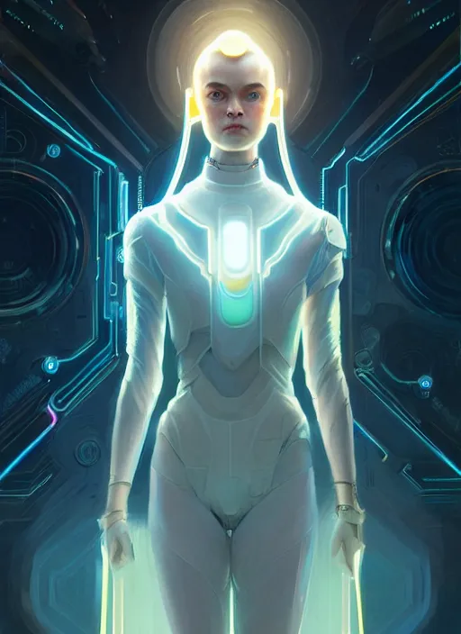 Image similar to asymmetrical!! portrait of elle fanning sci - fi, tech wear, glowing lights!! intricate, elegant, highly detailed, digital painting, artstation, concept art, smooth, sharp focus, illustration, art by artgerm and greg rutkowski and alphonse mucha