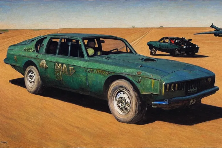 Prompt: mad max's pursuit special, the last v 8 interceptor, grant wood, pj crook, edward hopper, oil on canvas