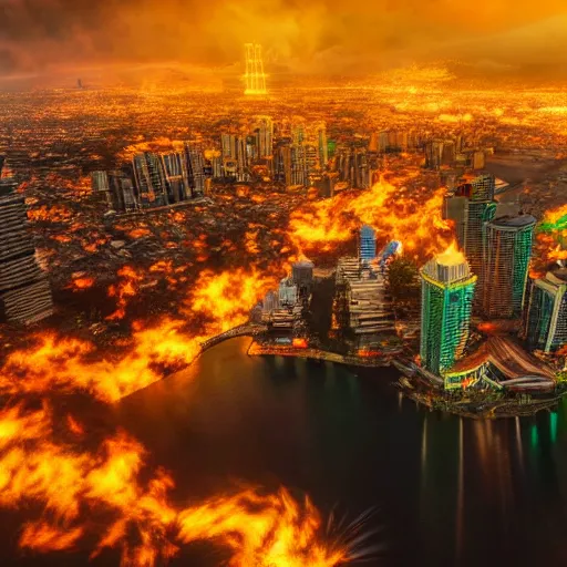 Image similar to highly detailed photo of manila burning with philippine flag, global illumination, radiant light, detailed and intricate environment