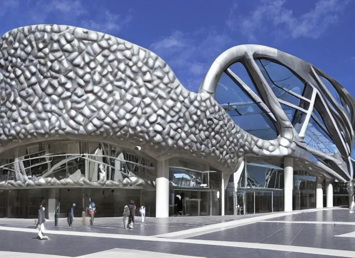 Image similar to mercedes exhibition center exterior designed by antoni gaudi, and concept art