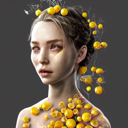 Image similar to the portrait of an absurdly beautiful, graceful, elegant, sophisticated, young girl made up of lemons, an ultrafine hyperdetailed illustration by kim jung gi, irakli nadar, intricate linework, bright colors, octopath traveler, final fantasy, unreal engine 5 highly rendered, global illumination, radiant light, detailed and intricate environment