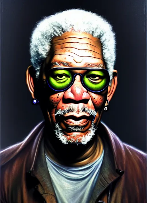 Prompt: morgan freeman as a organic cyborg with sunglasses, diffuse lighting, fantasy, intricate, elegant, highly detailed, lifelike, photorealistic, digital painting, artstation, illustration, concept art, smooth, sharp focus, art by john collier and albert aublet and krenz cushart and artem demura and alphonse mucha