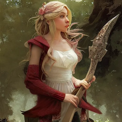 Image similar to elf fairy with a lute wearing a cardigan, blonde, highly detailed, intricate, digital painting, artstation, sharp focus, illustration, art by jakub rozalski, greg rutkowski, artgerm, tan zi and ayanamikodon and alphonse mucha and wlop