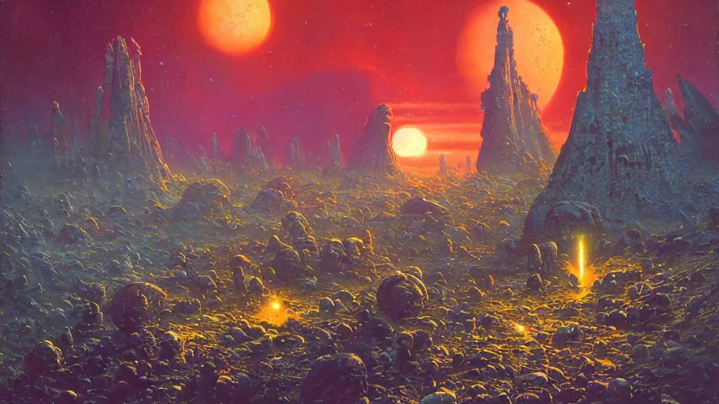 Image similar to ancient alien relics on a strange eerie alien planet by Paul Lehr and Bruce Pennington