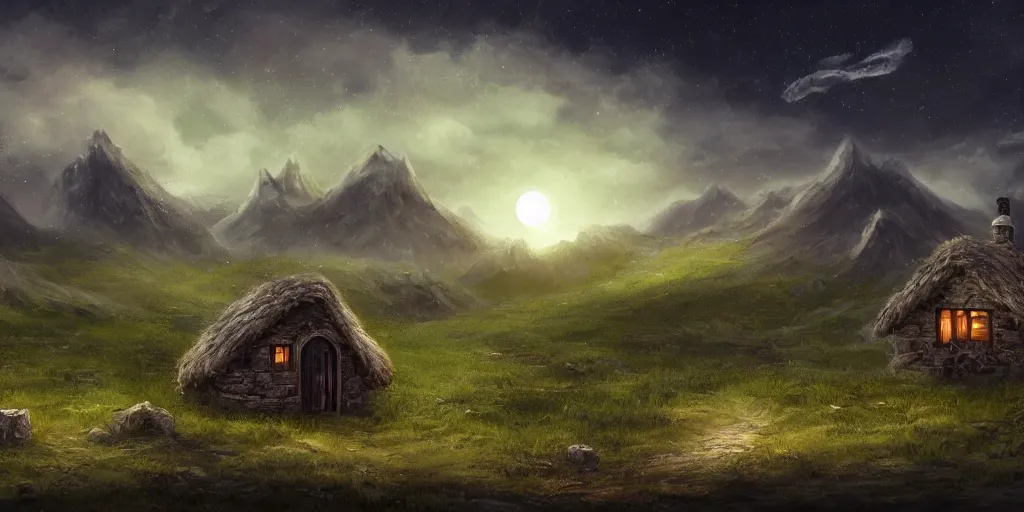 Prompt: Void covered fields with large mountains in the distance, small cottage in the foreground, nighttime, moon in the night sky, landscape wallpaper, d&d art, fantasy, painted, 4k, high detail, sharp focus