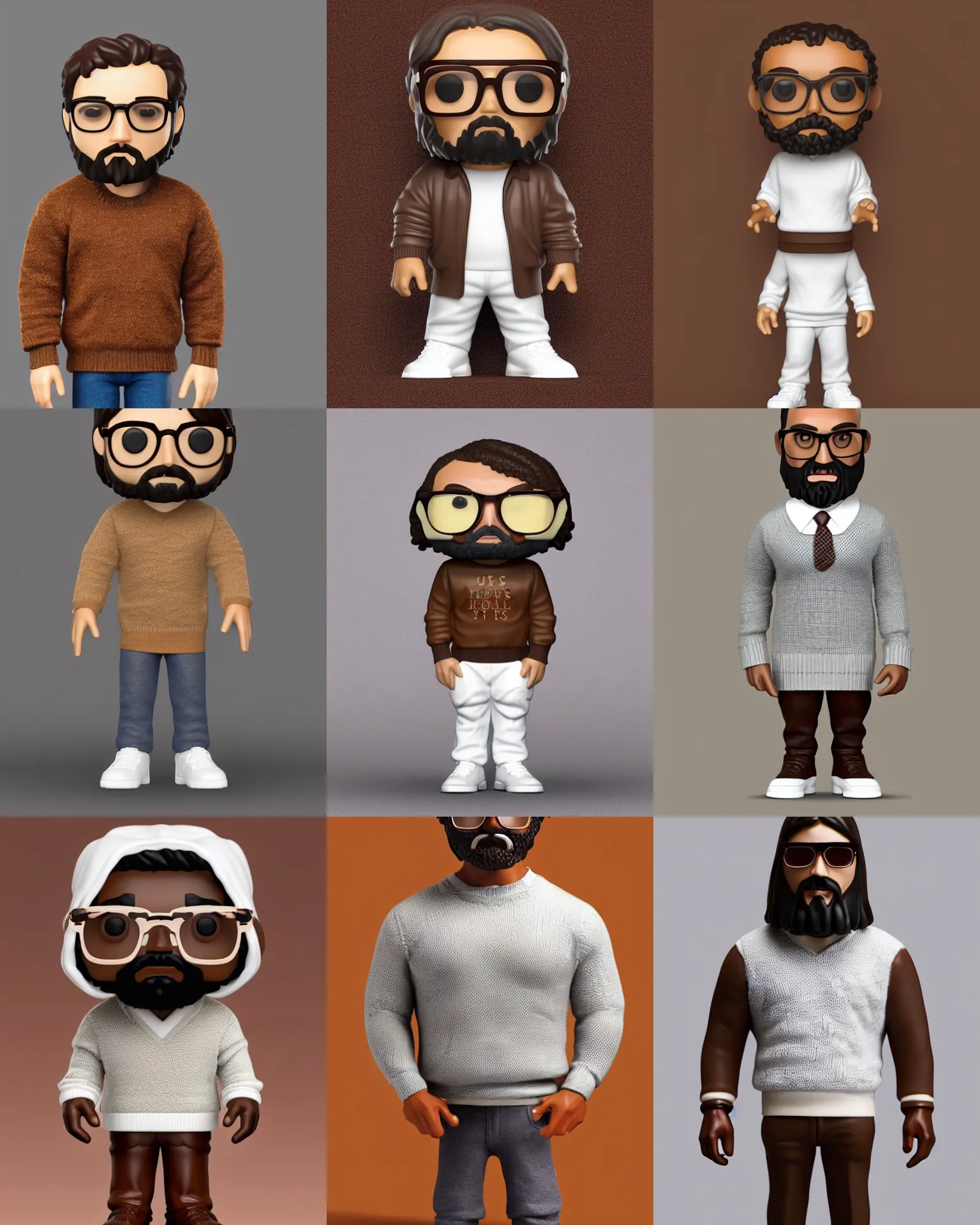 Prompt: full body 3d render of jesus wearing tobacco brown sweater, solid crew-neck, glasses, white collar, as a full body funko pop!, studio lighting, grey background, single body, no shadow, blender, trending on artstation, 8k, highly detailed