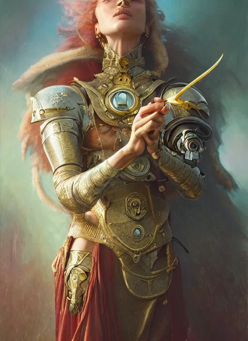 Image similar to hyper realistic knight casting a spell, refined details, denoised, birds eye view, magical, gems, jewels, gold, steampunk, cyberpunk utopia, painted by tom bagshaw, mucha, gaston bussiere, craig mullins, j. c. leyendecker 8 k