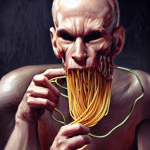 Image similar to locutus eating spaghetti concept art, ultra realistic, digital art, rich deep colors, smooth shadows, high resolution, cinematic