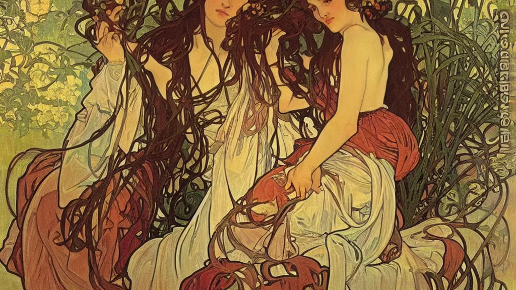 Prompt: the most beautiful scene, an expressive oil painting by alphonse mucha