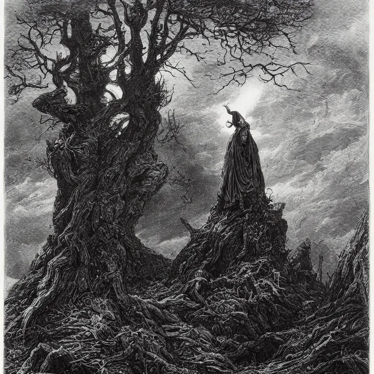 Prompt: an engraving of a black knight standing on an outcropping in a tangled forest at night, wistman ’ s wood by gustave dore, john blanche, ian miller, highly detailed, strong shadows, depth, illuminated focal point