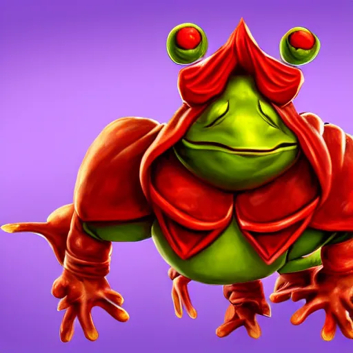 Image similar to character concep art of a humanoid frog butcher with a red coat as an enemy in spyro the dragon video game concept art, playstation 1 era, activision blizzard, 4 k resolution concept art