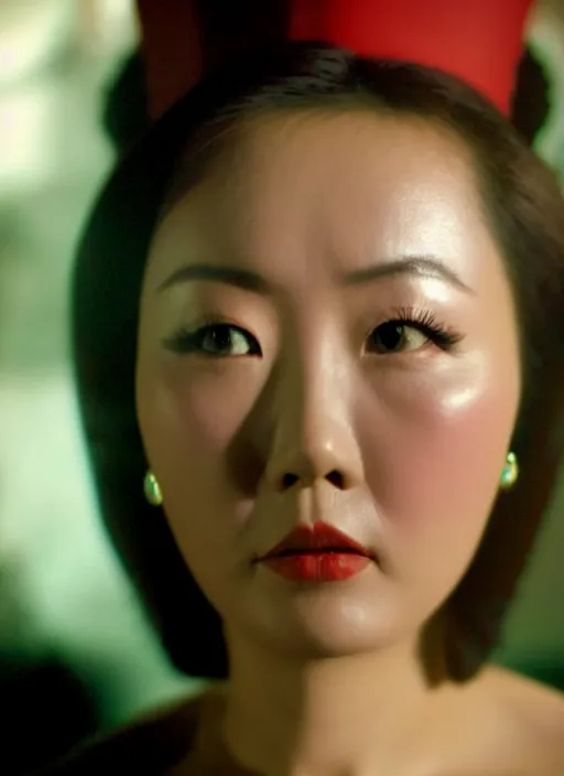 Image similar to a close up portrait film still of a bored stunning vietnamese actress from a year nineteen - seventy - two italian giallo film about finding a villain, global illumination, ultra ornate detail.