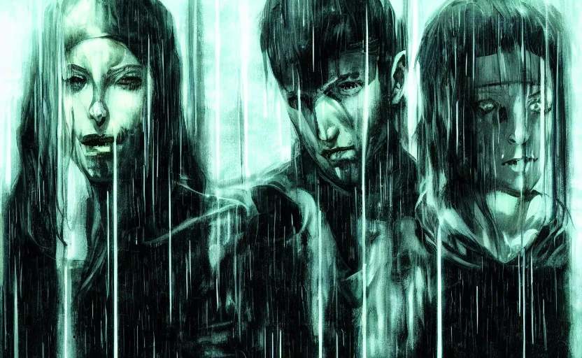 Prompt: an epic fantasy comic book style portrait painting of very beautiful imposing industrial goths trent reznor and lain ( serial experiments lain ) in the rain, neon reflections, character design by mark ryden and pixar and hayao miyazaki, unreal 5, daz, hyperrealistic, octane render, cosplay, rpg portrait, dynamic lighting, intricate detail, cinematic