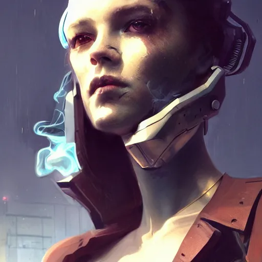 Image similar to a portrait of a smoking cyborg women by greg rutkowski, sung choi, mitchell mohrhauser, maciej kuciara, johnson ting, maxim verehin, peter konig, 8 k photorealistic, cinematic lighting, hd, high details, dramatic, dark atmosphere, trending on artstation