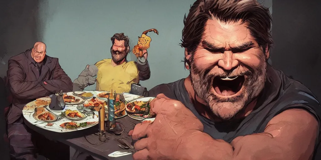 Image similar to cartoonish kurt russel eating dinner, vivid colors, character sheet, fine details, concept design, contrast, kim jung gi, greg rutkowski, trending on artstation, 8 k, full body, turnaround, front view, back view, ultra wide angle