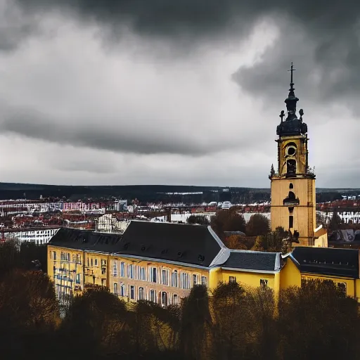 Image similar to a large yellow building with a steeple on top of it, a flemish baroque by karl stauffer - bern, unsplash, heidelberg school, panorama, wimmelbilder, on a hill, sadness, dark ambiance, by banksy