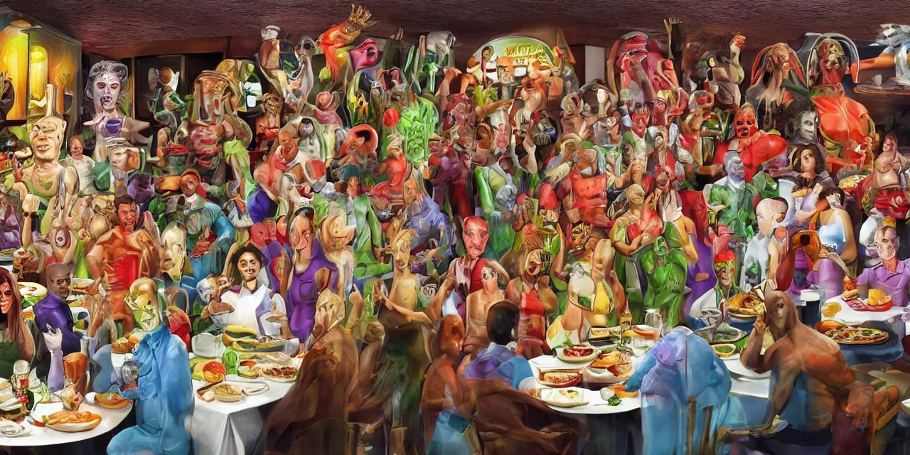 Prompt: big family style diner in the artistic slightly surreal with various gods and alien like beings all wearing costumes of famous people