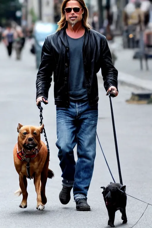 Prompt: brad pitt taking his pet human for a walk down the street, 8 k, award winning photograph, portrait, detailed face, highly - detailed