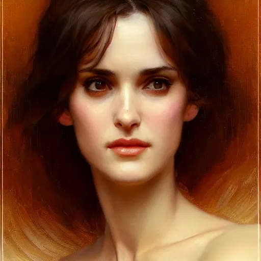 Image similar to portrait of youth winona ryder dressed in t - shirt. highly detailed painting by gaston bussiere, craig mullins, j. c. leyendecker, close shot, 8 k realistic, cryengine, frostbite 3 engine, sharp focus, trending on pinterest, trending on artstation, trending on deviantart