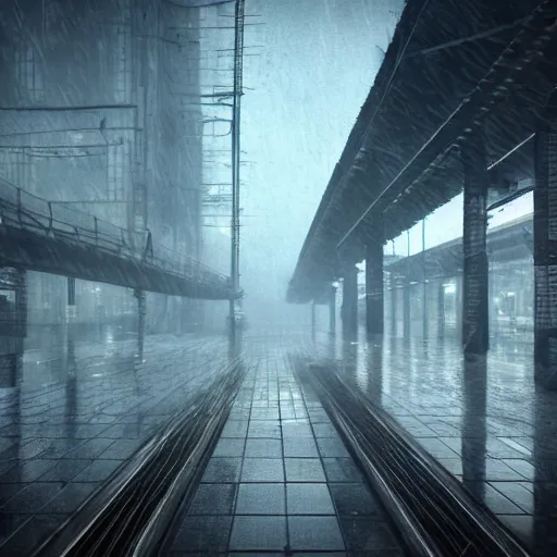 Image similar to raining dark smog wide angle shot dieselpunk dystopia makoto shinkai corrogated steel overhead walkway