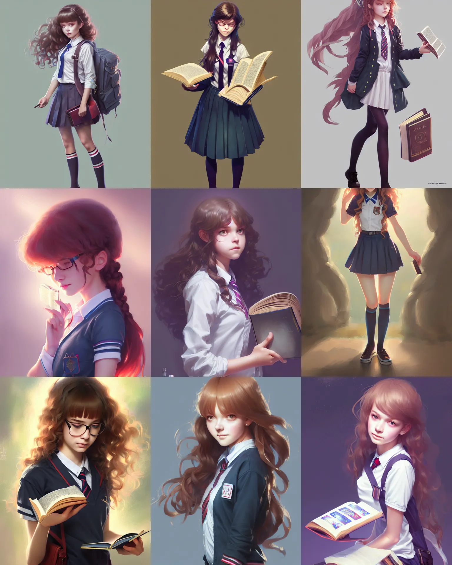 Prompt: innocent young teen girl, magical school student uniform, light curly hair, library books, highly detailed, digital painting, trending on artstation, pixiv, concept art, sharp focus, illustration, art by Ross Tran and Greg Rutkowski