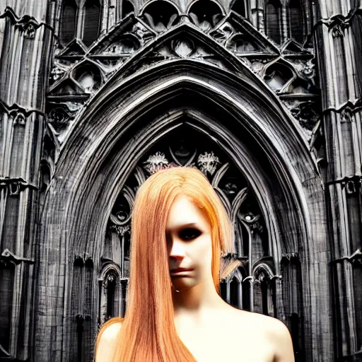 Image similar to 1 8 mm gothic girl dressed in black, behind her a gothic cathedral, dark ambients, the windows of the cathedral are reflecting red flame lights, golden hour, detailed face, intricate ornaments