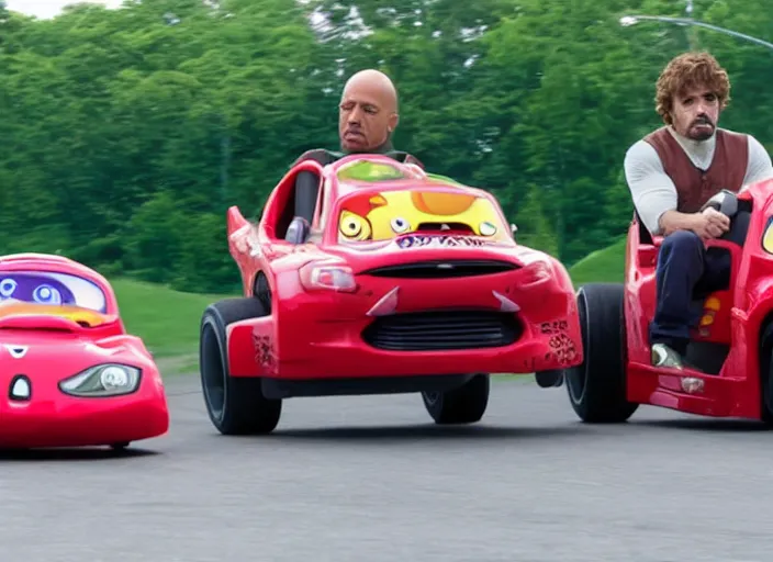 Image similar to peter dinklage drag racing vin diesel driving a little tikes cozy coupe, movie still, from the new tokyo drift movie, 8 k, realistic