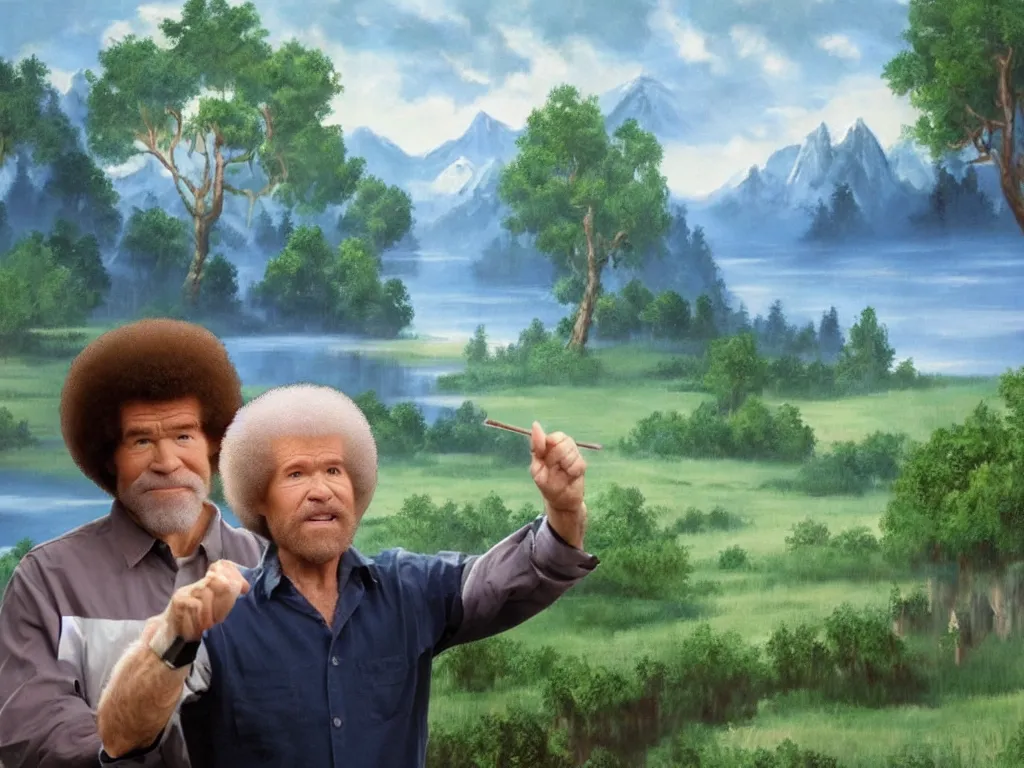 Prompt: bob ross is sad and angry and yelling at a huge nature painting by bob ross