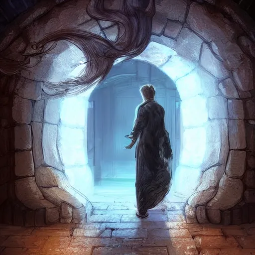 Image similar to a man through a mystical door leading to another dimension, fantasy, artstation detailed digital art