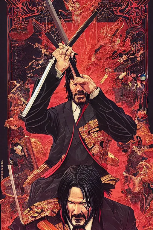 Image similar to poster of john wick as a samurai, by yoichi hatakenaka, masamune shirow, josan gonzales and dan mumford, ayami kojima, takato yamamoto, barclay shaw, karol bak, yukito kishiro, highly detailed