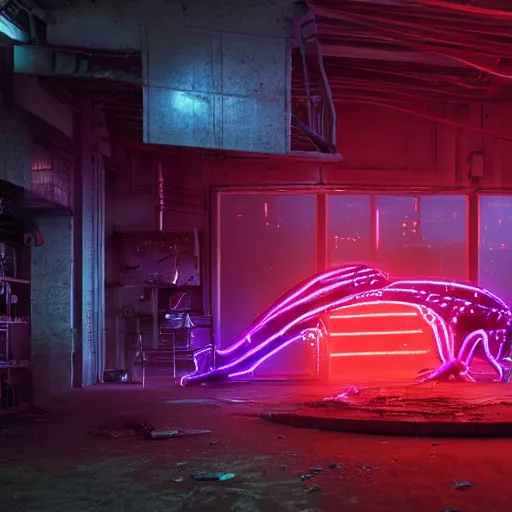 Image similar to epic scene of a large neon mechanical toad is being built by a team of people in a very creepy and dark warehouse, heaps of colored computer screens, glowing cables, dust, smoke, intricate details, ultra - realistic, 8 k, octane render, hyper realism