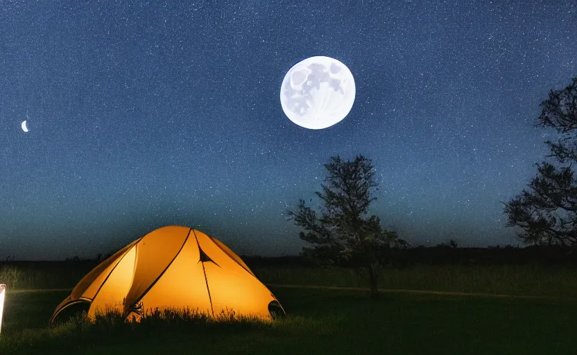 Image similar to night timelapse photography of a tent with a tree with the moon in the sky