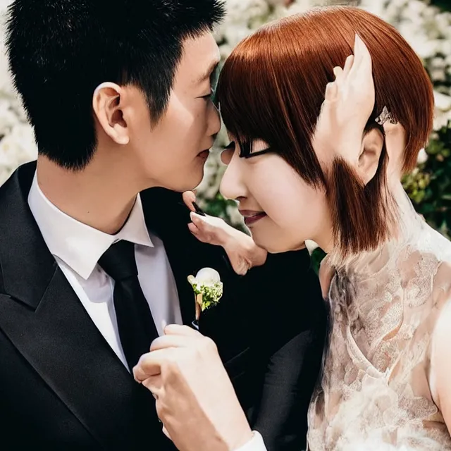 Image similar to saitama one punch man instagram couple's wedding photo shoot, closeup photo