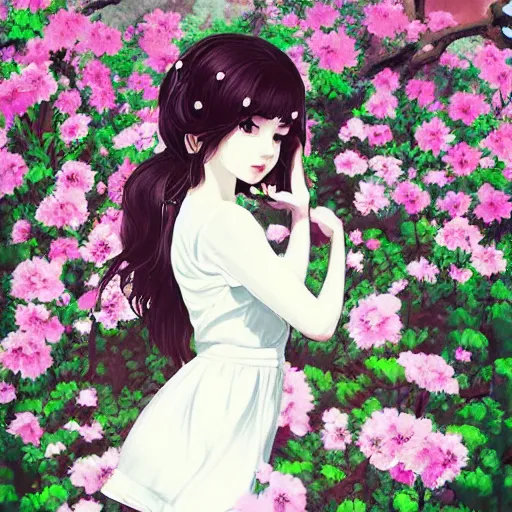 Image similar to little brunette girl with flowers in hair wearing an white dress. art by ilya kuvshinov, profile picture, inspired in hirohiko araki, highly detailed, 8 0 s anime art style, vogue cover