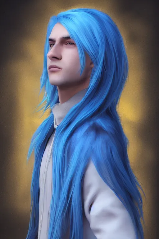 Prompt: a male teenager with long blue hair and yellow eyes wearing a winter overcoat, hyperrealistic, concept art, octane render, unreal engine 5, trending on artstation, high quality, 8 k, highly detailed, digital art, anatomically correct, symmetrical, realistic and defined face, profile picture, high coherence, path traced, beautiful, elegant clothes