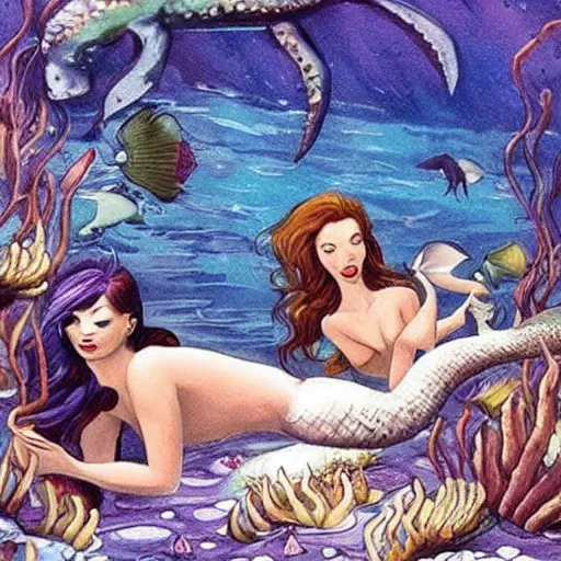 Prompt: beautiful deadly mermaids holding drowning sailors underwater and eating them