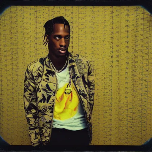 Image similar to A polaroid photograph of Travis Scott standing in an empty endless office space, yellow patterned wallpaper on the walls, moist dirty carpet, unnatural fluorescent warm lights lighting the scene