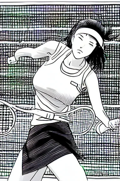 Prompt: slim girl playing tennis, black and white artwork in manga style, made by kentaro miura