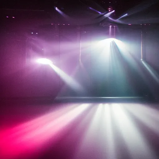 Image similar to a foggy dance club large speakers. volumetric lighting and thick fog. god rays. disco lighting. Amsterdam.