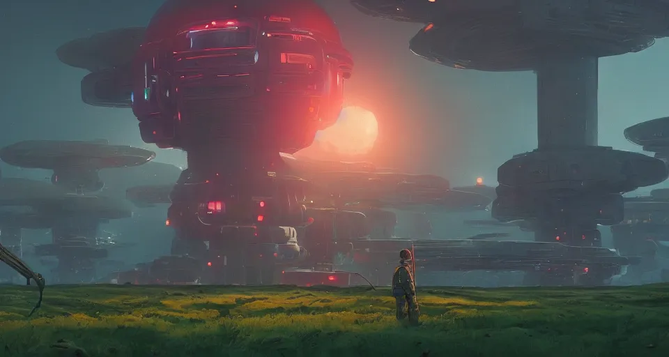 Prompt: GIANT MECHANICAL FUNGUS, landscape, center composition, cinematic, rendered by simon stålenhag, rendered by Beeple, Makoto Shinkai, syd meade, Gundam Style, environment concept, digital art, starwars, unreal engine, 3 point perspective, WLOP, trending on artstation, low level, 4K UHD image, octane render,