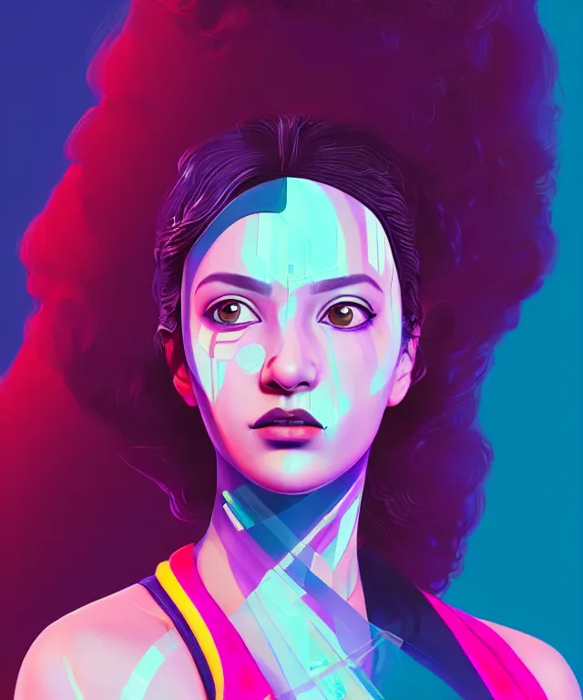 Image similar to beautiful portrait of sana from twice as a sci fi woman, with chaotic vaporwave aesthetic half human half robot, concept art by james gilleard, artstation, cgsociety, synchromism, 8 0 s animation flat cell shaded. with thick black pencil lines!!!!