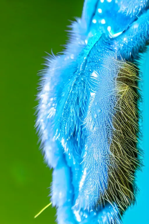 Image similar to high quality macro photo gelatinous furry moth! jeweled gorgeous! highly detailed david ligare elson peter cinematic blue neon lighting high quality low angle hd 8k sharp shallow depth of field