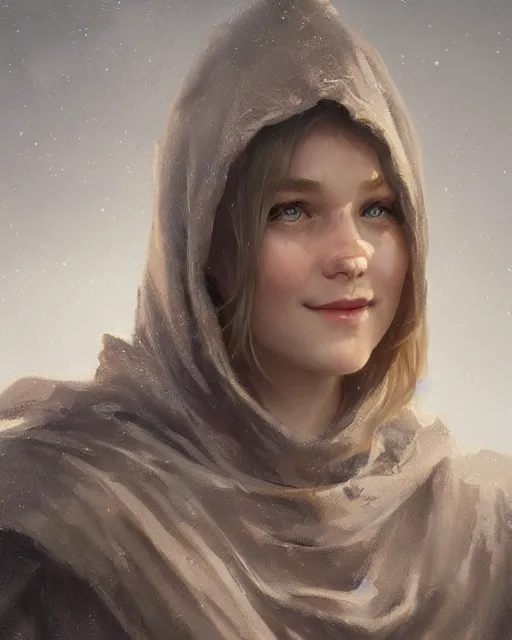 Image similar to Close-up portrait of smiling young nordic girl wearing hood, dark fantasy, portrait, highly detailed, digital painting, artstation, concept art, sharp focus, illustration, art by artgerm and greg rutkowski and alphonse mucha